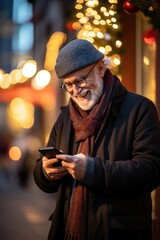 happy senior on the street checking his phone (Generative AI)