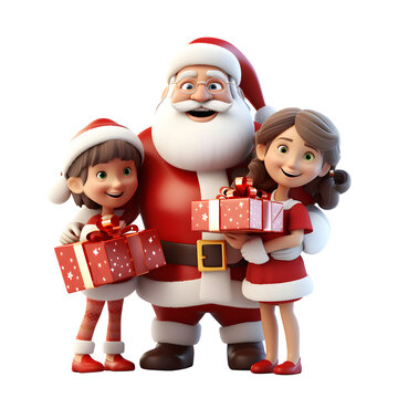 3D Cartoon Character Santa Claus And Kids Marry Christmas Happy Smile Holding Gift Box, Isolated On White And Transparent Background, Ai Generate