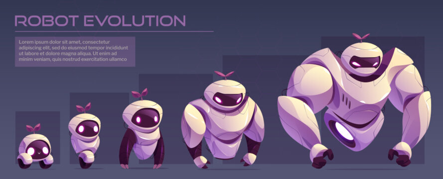 Humanoid robot evolution levels set. Vector cartoon illustration of futuristic ai character progress from wheeled mascot to strong machine with arms, led eyes on screen face. Modern tech progress