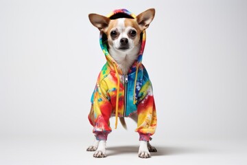 Dog wearing colorful clothes on white background 