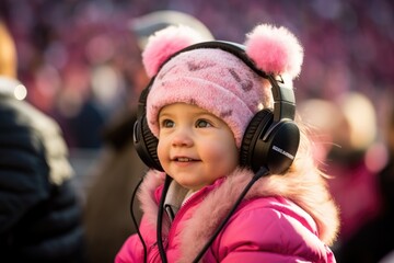 little girl wearing a pink jacket sitting in a crowded stadium wearing headphones (Generative AI)