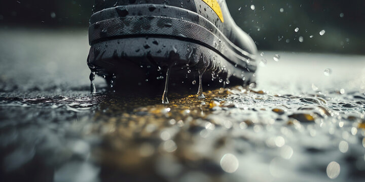 Close-up of a rubber boot walking on asphalt ground in the rain, in dark colors and water drops detail.
