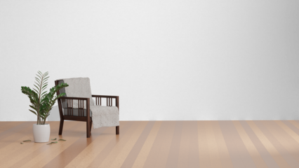 Creative composition of living room interior with copy space, wooden sideboard. Decorated home mockup