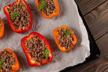 Sweet Bulgarian pepper stuffed with rice with minced meat
