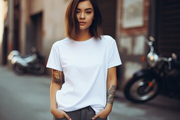 young girl with tattoos wearing a white mockup t-shirt (Generative AI) - obrazy, fototapety, plakaty