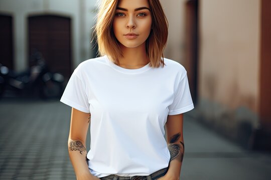 young girl with tattoos wearing a white mockup t-shirt (Generative AI)