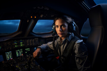 A female pilot in a cockpit at dusk