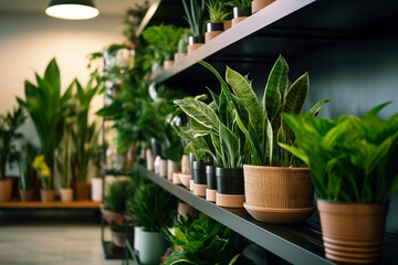 Shelf with many different houseplants in store