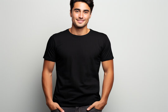 young man wearing a Bella Canvas Classic Basic Black T - shirt mockup against a clean background