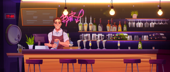 Pub or bar counter vector illustration background. Nightclub restaurant interior with stool, alcohol cocktail and barista man. Beer pump near neon signboard and male bartender. Party in night club