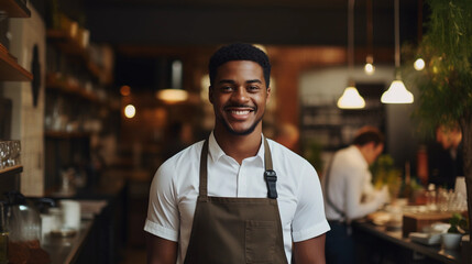 Fototapeta premium Waiter holds a tablet in a restaurant and smiles