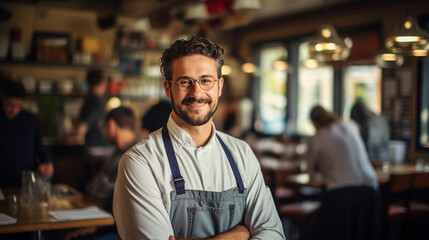 Fototapeta premium Waiter holds a tablet in a restaurant and smiles