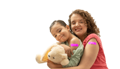 mother and daughter with pink band aid smiling after injection. happy mom and kid showing vaccine plaster bandage. hispanic woman and child looking to camera, png or isolated on a white background