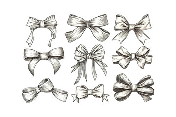 Set of sketched bow and ribbon. Hand drawn vintage. Vector illustration desing.