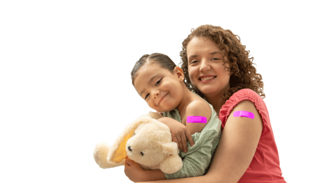 mother and daughter with pink band aid smiling after injection. happy mom and kid showing vaccine plaster bandage. hispanic woman and child looking to camera, png or isolated on a white background