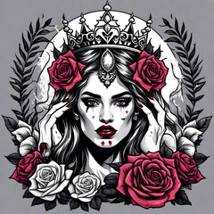 Tattoo flash art of a modern day queen or princess surrounded by roses and plants. 