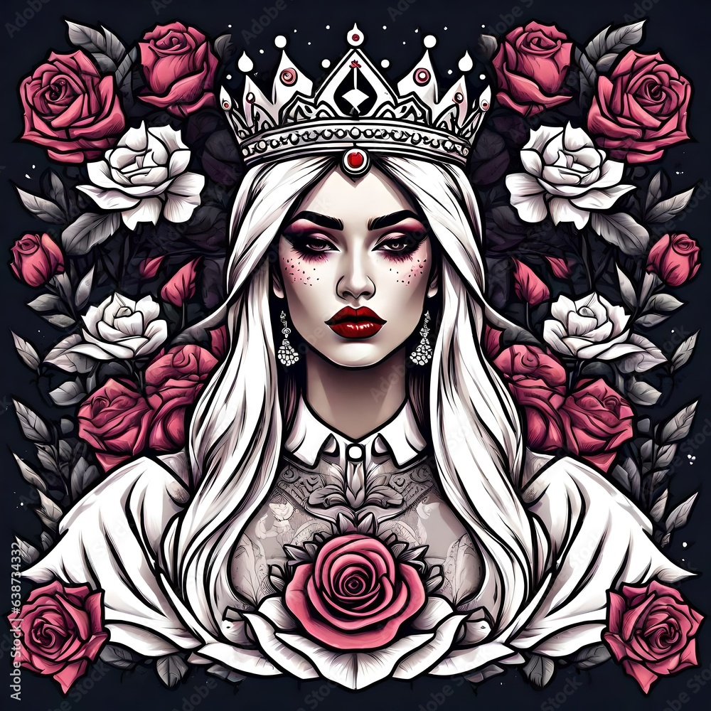 Wall mural Tattoo flash art of a modern day queen or princess surrounded by roses and plants. 