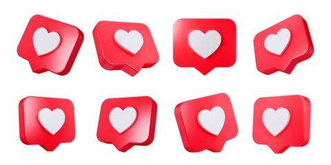 Set of Heart in speech bubble icon on empty background background. Love like heart social media notification icon. Emoji, chat and Social Network, 3d illustration - obrazy, fototapety, plakaty