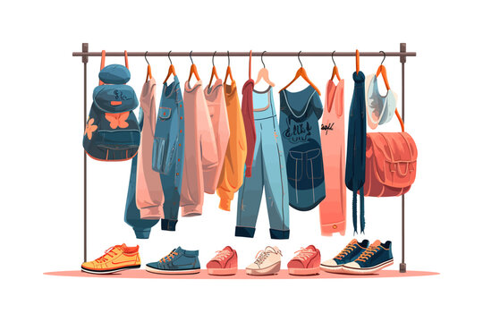 Different denim clothes and shoes hanging on rack. Vector illustration design.