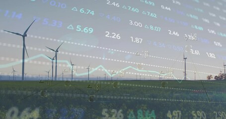 Animation of trading board over time lapse of rotating windmills on green field against sun in sky - Powered by Adobe