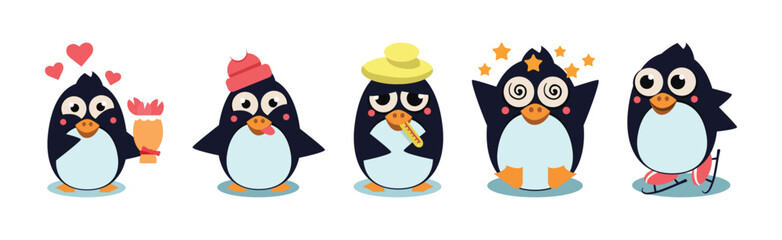 Cute Penguin Character Engaged in Different Activity Vector Set