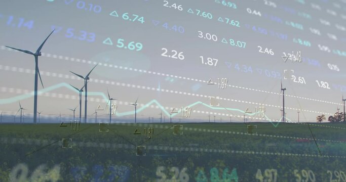 Animation of trading board over time lapse of rotating windmills on green field against sun in sky