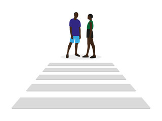 Black male character and black female character in summer clothes standing in front of a pedestrian crossing on a white background