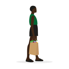 Black female character carries a paper bag with groceries on a white background
