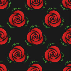 Stylized red gradient rose flowers and green leves on black background vector seamless pattern. Best for textile, print, wrapping paper, package and festive decoration.