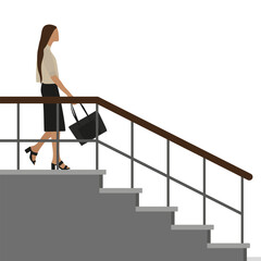 A young female character with a black bag in her hand going down the stairs