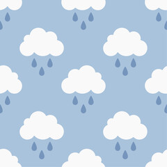 Rainy sky, white clouds and rain drops on blue background. Vector seamless pattern. Best for textile, home decor, wallpapers, wrapping paper, package and web design.
