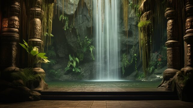 Hidden temple entrance behind cascading waterfall curtain | generative ai
