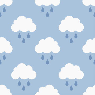 Rainy sky, white clouds and rain drops on blue background. Vector seamless pattern. Best for textile, home decor, wallpapers, wrapping paper, package and web design.