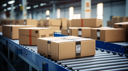 Closeup of multiple cardboard box packages seamlessly moving along a conveyor belt in a warehouse fulfillment center, a snapshot of e-commerce, delivery, automation, and products. Generative ai