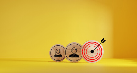 Red dartboard and black arrow with human icon for customer focus target group and customer relation...