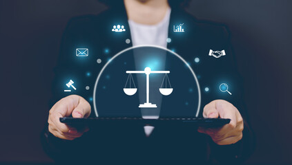 Internet law concept.Cyber Law as digital legal services Labor law, Lawyer, on Dark Blue blurred...