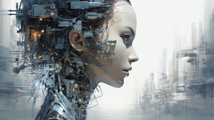 The young humanoid female head is connected to a super computer, symbolizing artificial intelligence. Futuristic illustration of the relationship between humans and neural networks. Copy space