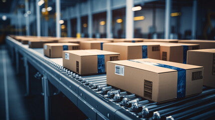 Closeup of multiple cardboard box packages seamlessly moving along a conveyor belt in a warehouse fulfillment center, a snapshot of e-commerce, delivery, automation, and products. Generative ai - obrazy, fototapety, plakaty