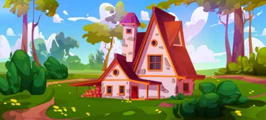 Gardinen Cute house with wooden windows and doors on lawn with trees, bushes, green grass and flowers. Cartoon vector illustration of forest natural landscape with home or cottage over blue sky with clouds. © klyaksun