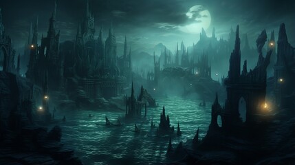 Sunken city's spires rising from the depths of the sea | generative ai