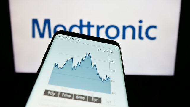 Stuttgart, Germany - 08-14-2023: Smartphone with website of medical technology company Medtronic plc on screen in front of business logo. Focus on top-left of phone display.