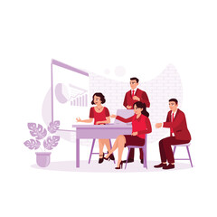 Male and female co-workers share opinions, brainstorm, and business people sit together looking at laptops. Trend Modern vector flat illustration
