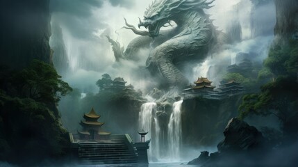 Ancient dragon's lair hidden beneath a misty waterfall | generative ai - obrazy, fototapety, plakaty
