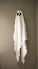 A ghost covered white Halloween dress sheet was hanged on the hook at the wall, breaking time, take...