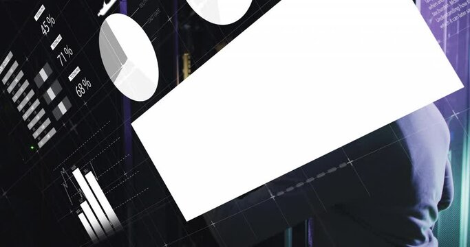 Animation of infographic interface, african american engineer checking data server system - Powered by Adobe