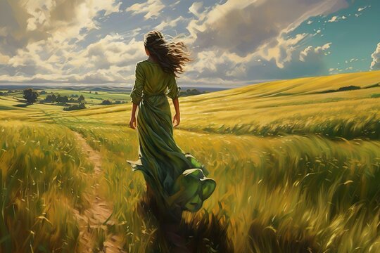 A woman stands in a field, her confidence growing as sunlight spills onto the lush green expanse
