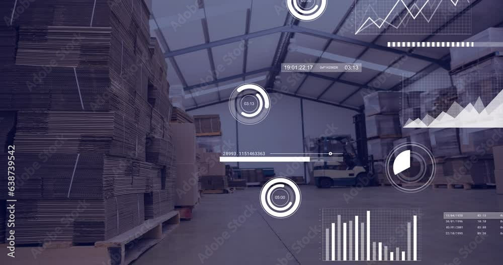 Aufkleber animation of multiple graphs with loading bars and circles, changing numbers over warehouse