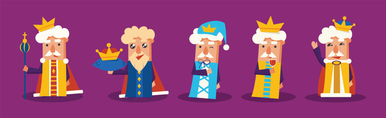 Funny King Character with Beard and Crown Engaged in Different Activity Vector Set