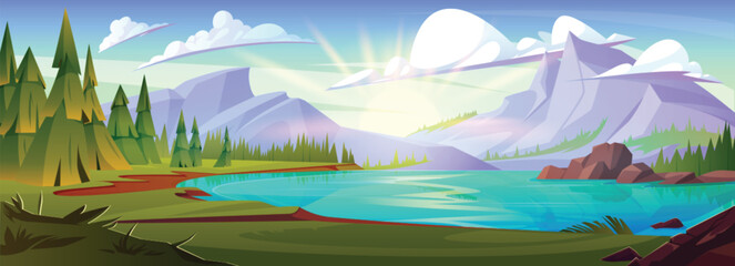 Obraz na płótnie Canvas Mountain lake near forest nature vector background. Pine tree, river water and beautiful valley daytime panorama illustration for game environment graphic. Outdoor travel scene with green grass