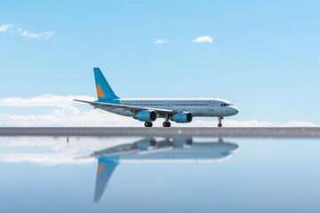 Airline Airbus, aeroplane on airport runway, airplane is flying over a runway